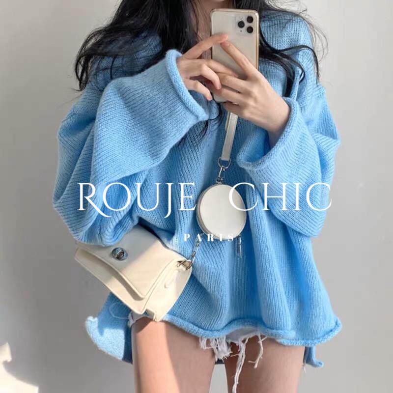 法国Rouje Chic秋冬季复古V领卷边设计开叉针织衫毛衣女宽松休闲
