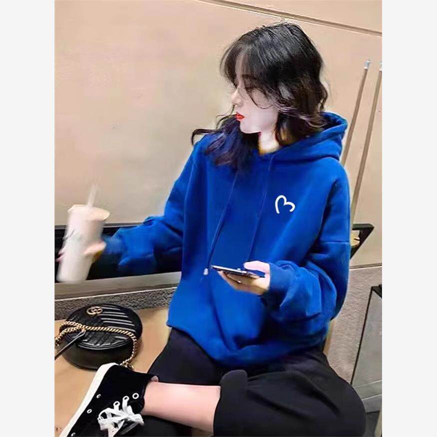 韩国纯棉连帽卫衣女中长款克莱因蓝宽松春秋2026年加绒加厚遮屁股