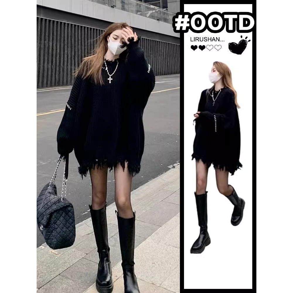 日系套头中长款穿搭针织上衣女装慵懒风宽松加厚破洞毛边黑色毛衣