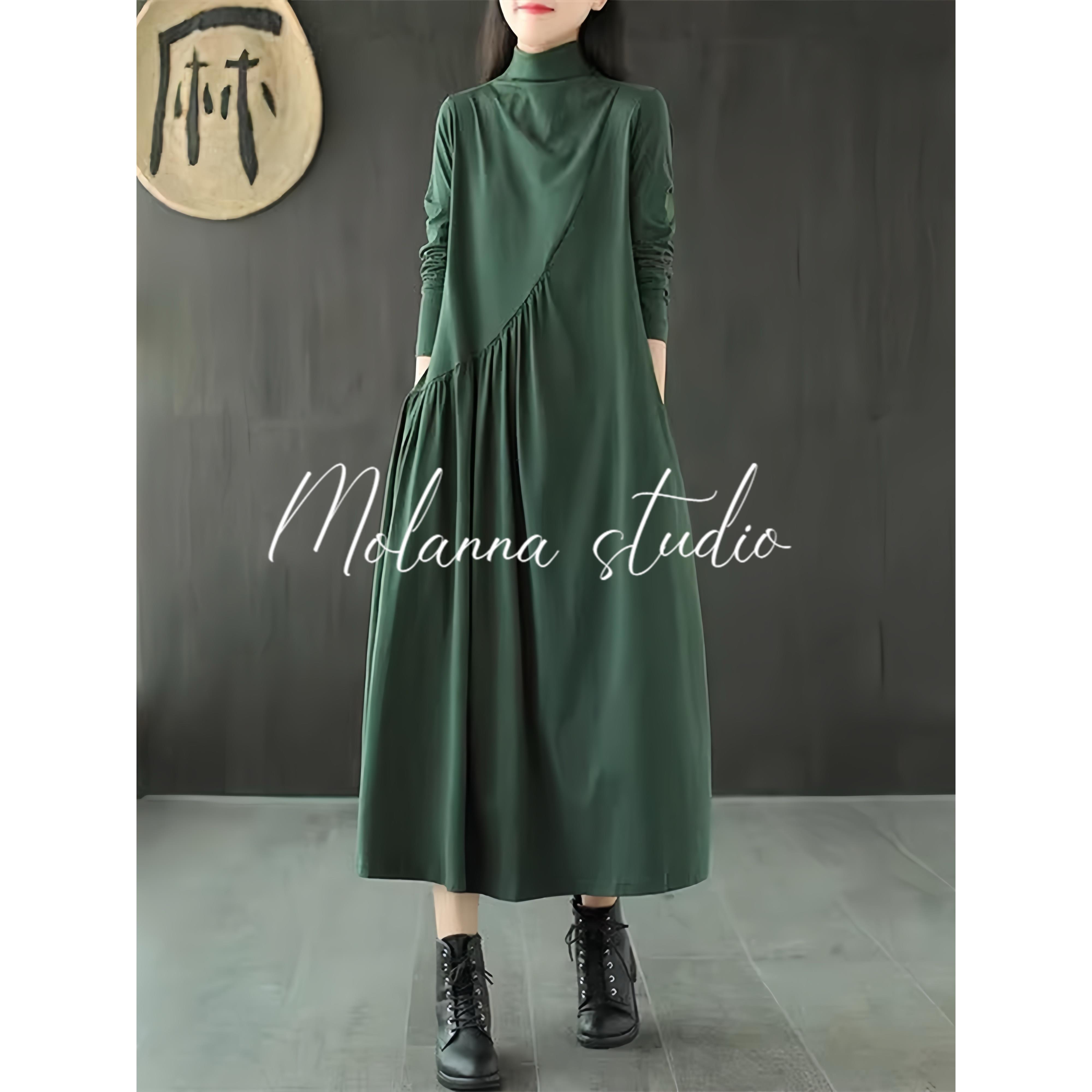 Molanna长袖连衣裙女春秋装新款宽松大码覆古大裙摆半高领长裙子