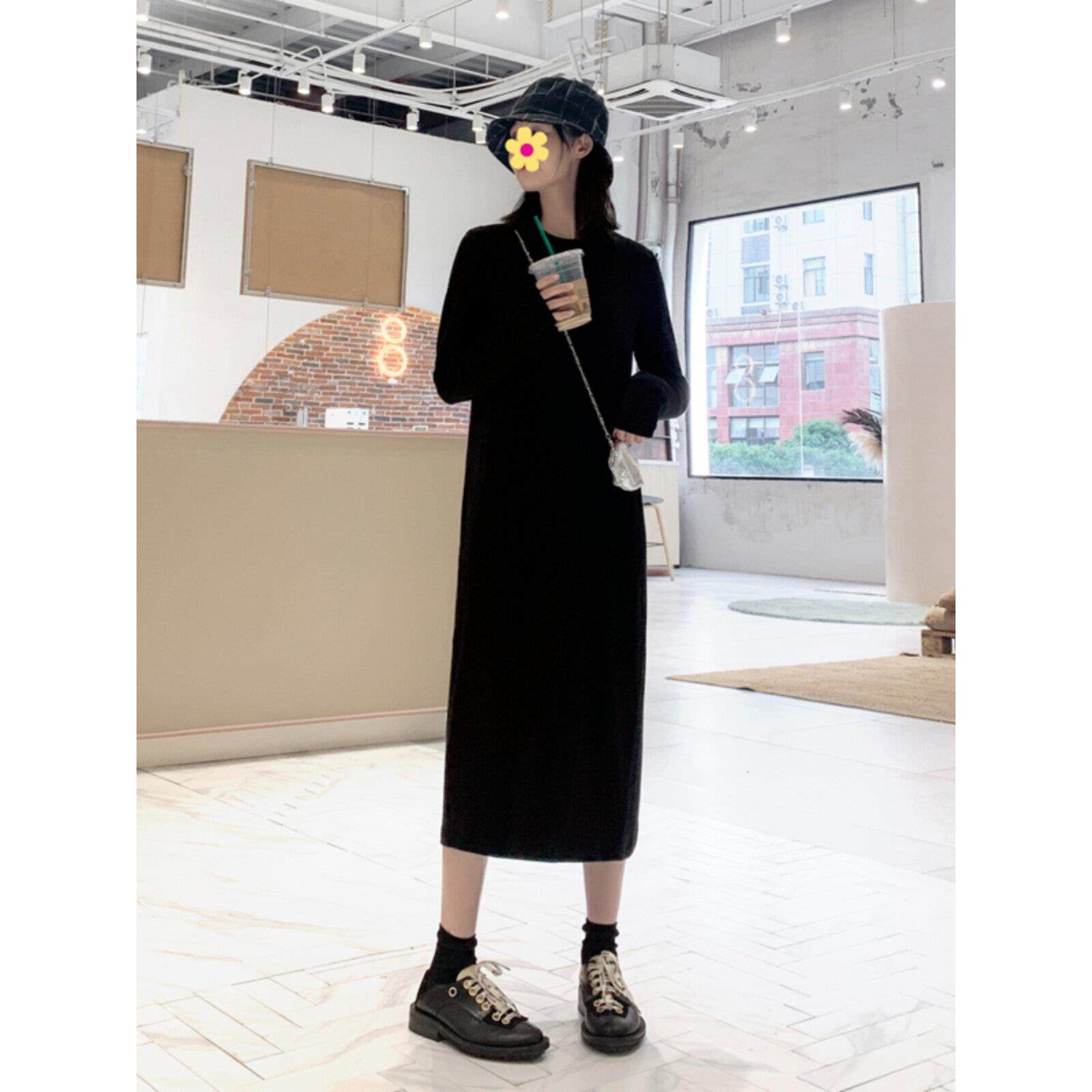 韩国秋冬季覆古过膝宽松打底裙女内搭中长款连衣裙直筒小黑裙长裙