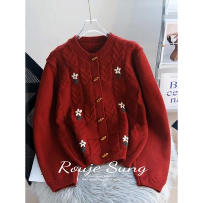 ROUJE SUNG红色牛角扣毛衣女秋冬覆古新年针织开衫宽松外套上衣潮