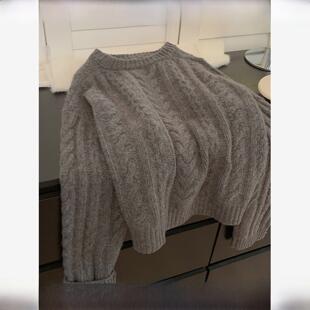 Rouje tusse灰色羊绒麻花套头毛衣女秋冬外穿内搭打底羊毛针织衫