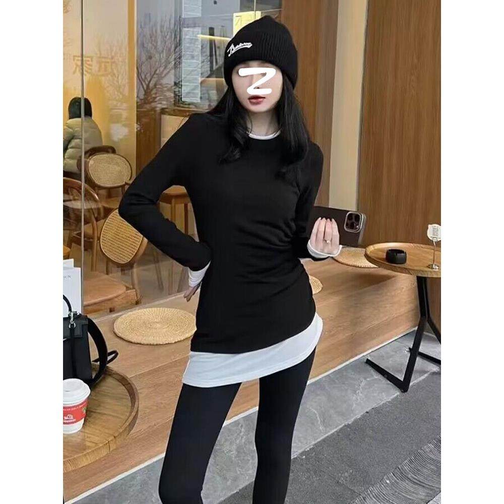假两件长袖T恤女春秋冬2025新款中长款遮屁股内搭褶皱收腰打底衫