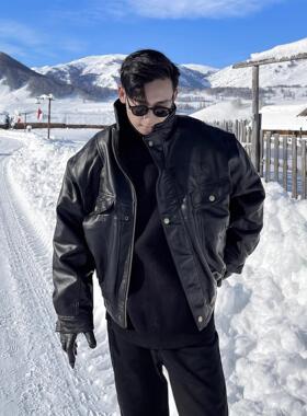 趋势Setter !城市功能风格！男式春秋机车薄皮夹克正品皮夹克