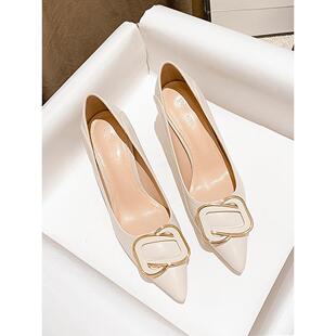 白色气质尖头浅口中跟单鞋 女春秋季 真皮细跟高跟鞋 店主自留新款