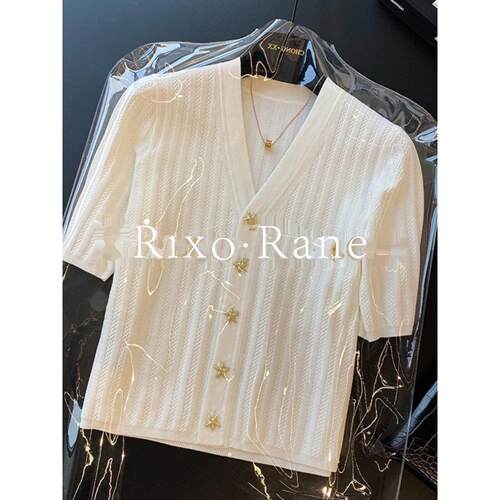 法国Rixo Rane ⭐小香风V领短袖冰丝针织开衫上衣女夏气质显瘦T恤