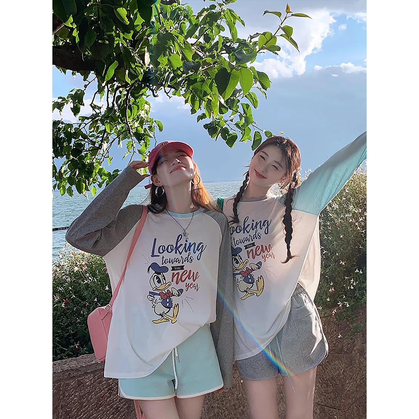 2025夏季新款多巴胺防晒罩衫女宽松显瘦印花减龄薄款圆领长袖t恤