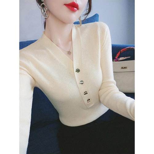 打底衫女内搭春秋2025新款修身紧身V领百搭长袖毛衣针织衫上衣女