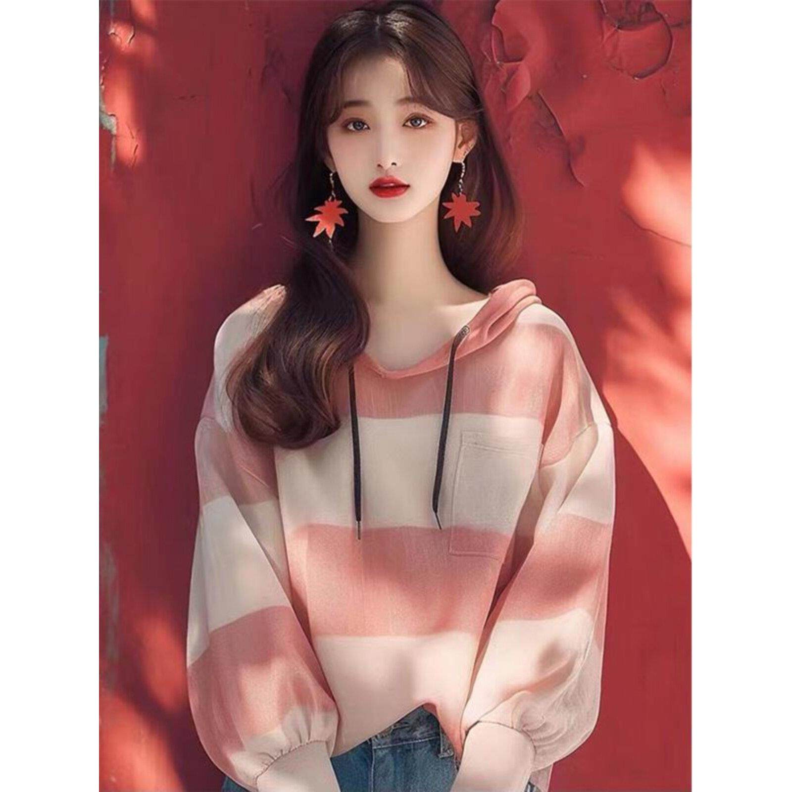 法国Rouje Renksy粉色条纹连帽卫衣女春秋宽松外套慵懒风时尚上衣