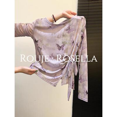 法国Rouje Rosella⭐唯美时尚蝴蝶印花扎染长袖打底衫女收腰上衣