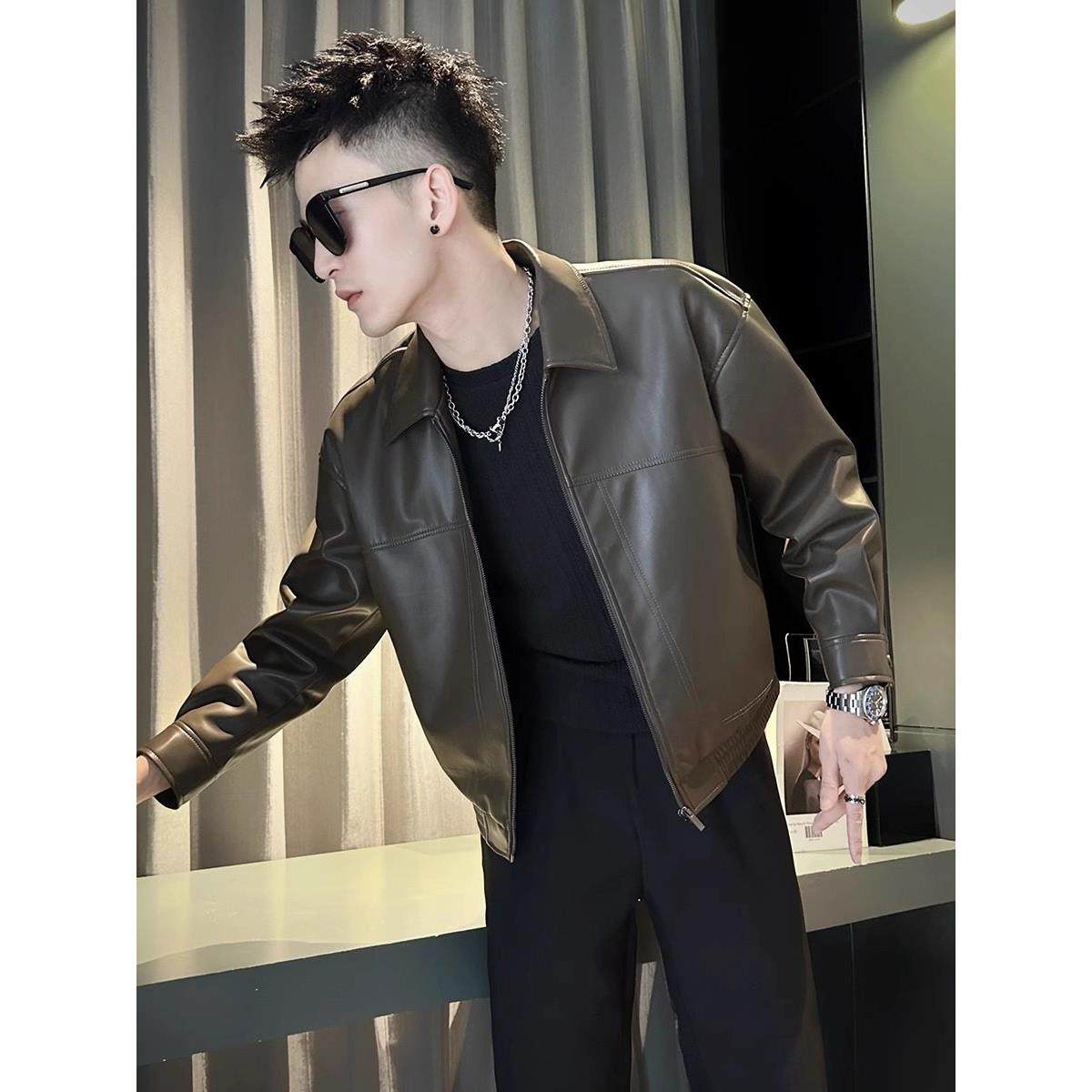 LL男装皮衣男短款潮牌夹克2024新款秋冬季外套高级感加绒加厚保暖