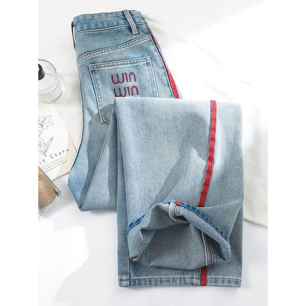 法国罗杰风格浅色绣花阔腿牛仔裤高腰修身看起来宽松窄直裤