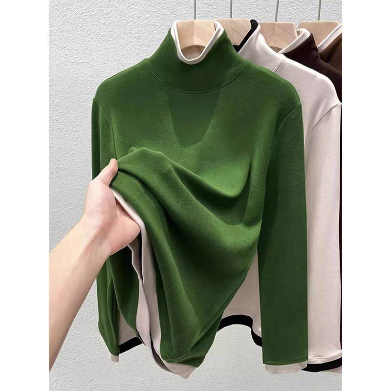 2025春秋新款德绒长袖t恤女撞色双面高级纯色打底衫高领内搭上衣