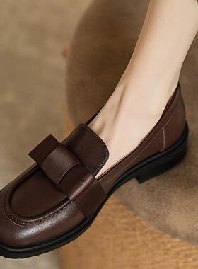 Cozyroom法式轻奢~【头层牛皮真皮版】复古方头乐福鞋蝴蝶结单鞋