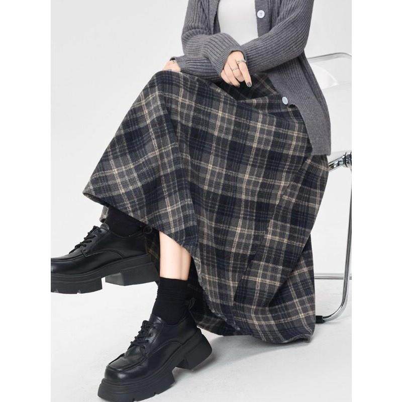 覆古格纹毛呢半身裙女2025秋季新款高腰显瘦垂感中长款A字大摆裙