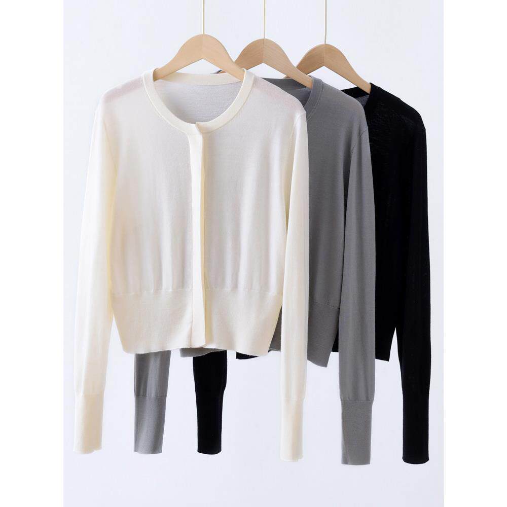 高级扬子纱100纯羊毛开衫女圆领宽松暗扣毛衣外套时尚显瘦针织衫