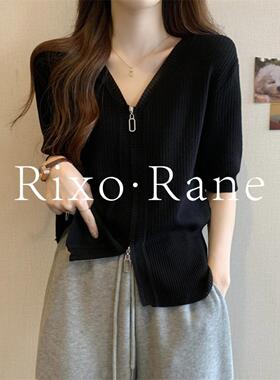 法国Rixo Rane ⭐黑色V领冰丝短袖针织T恤女显瘦时尚百搭拉炼上衣