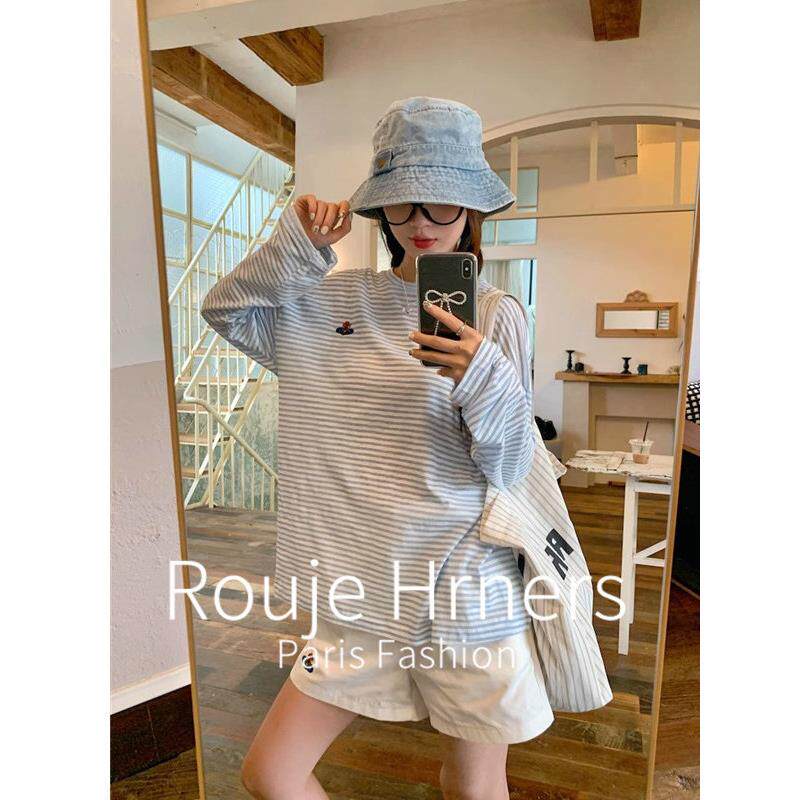 法国rouje hrners法式小众刺绣撞色条纹宽松休闲长袖T恤防晒衫女