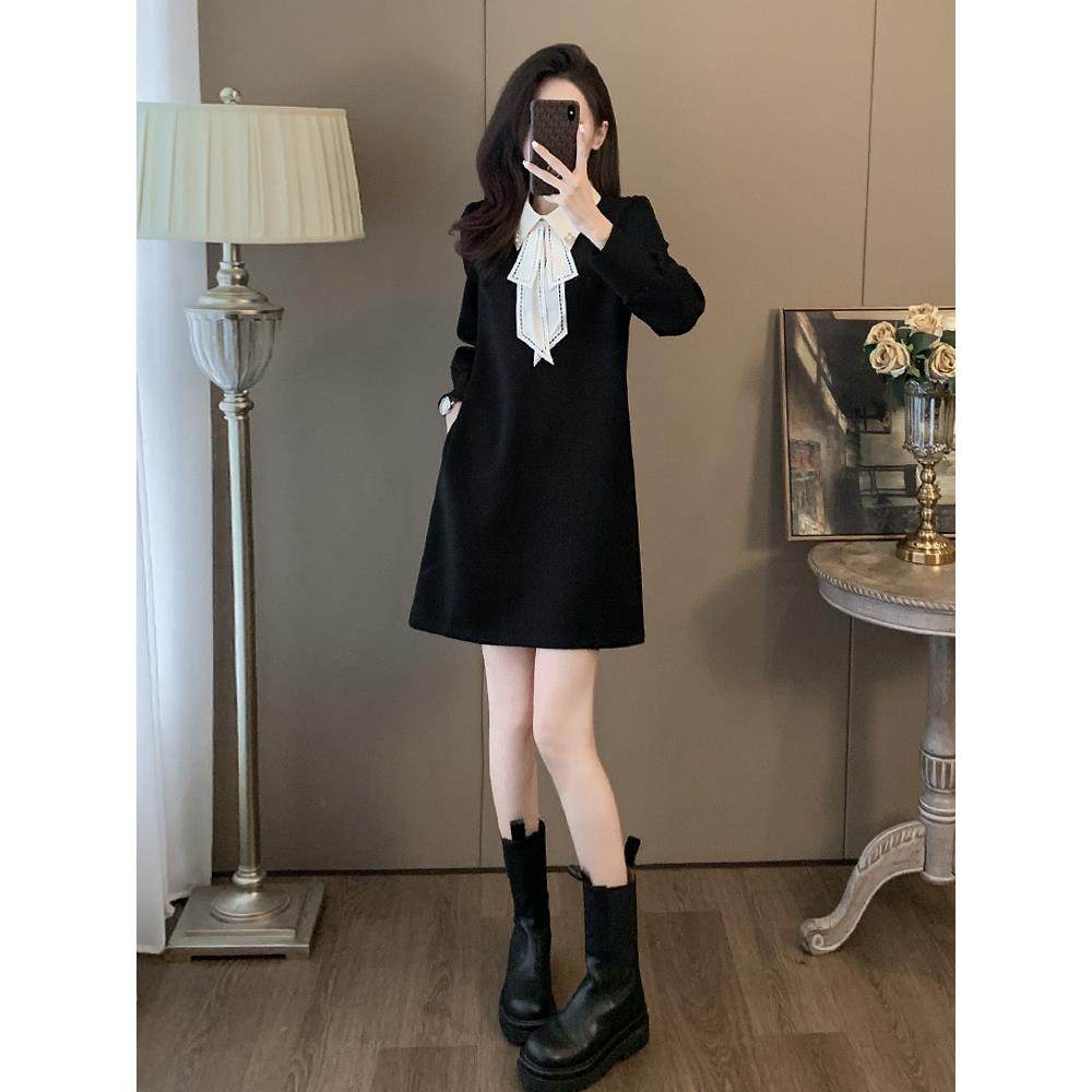 欧洲站黑色厚棉T洋装女2025春秋冬季新款加绒高级感赫本风小个子