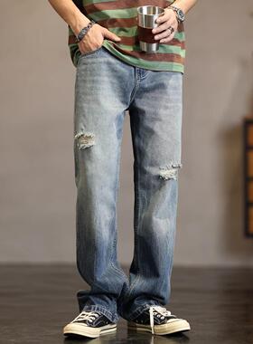 潮牌it neith BIAS美式复古破洞牛仔裤男春秋宽松休闲直筒裤锥形