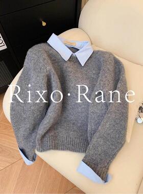 法国Rixo Rane ⭐假两件衬衫领毛衣女内搭撞色翻领灰色针织衫上衣