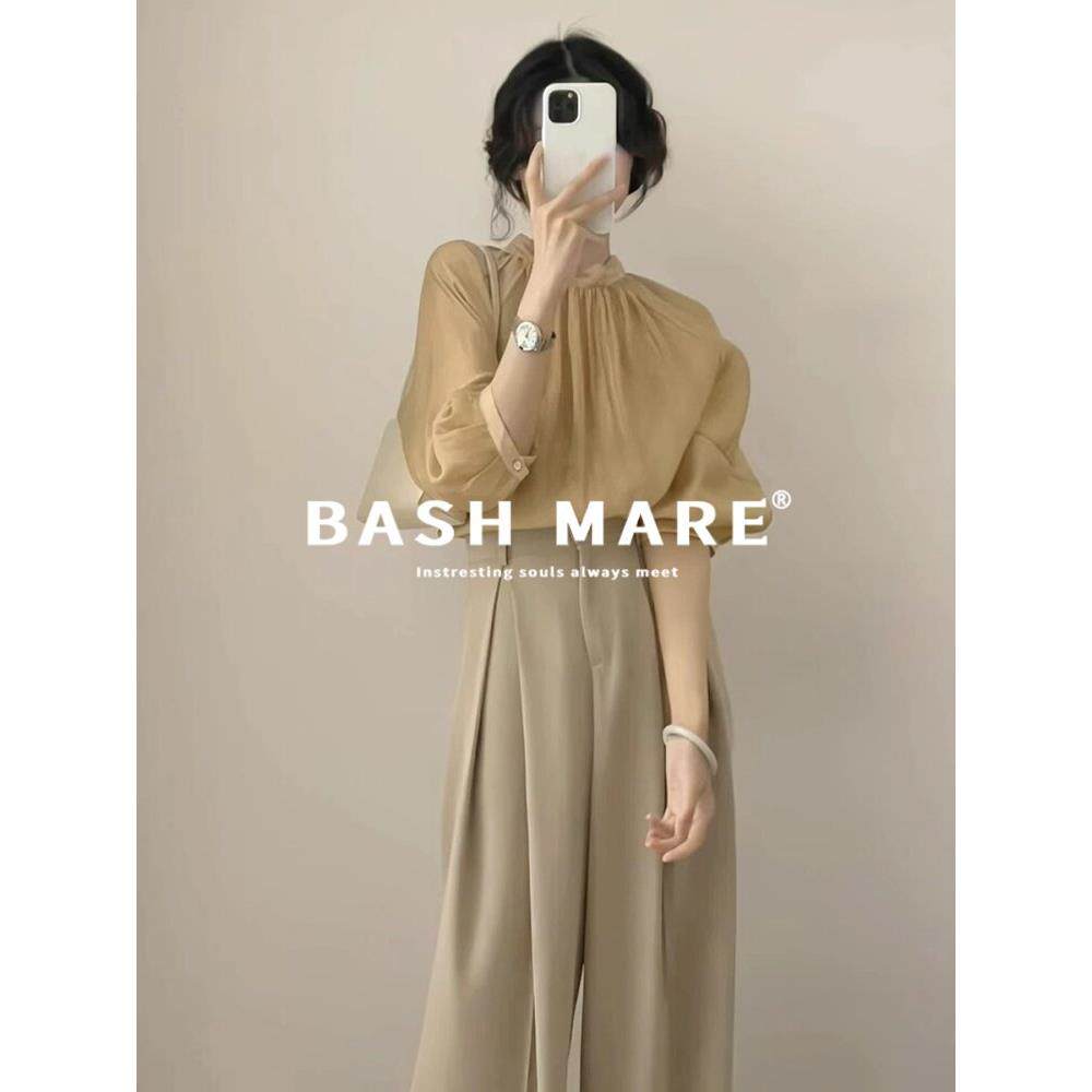 BASH MARE法式通勤港风极简纯色灯笼袖长袖衬衫上衣西装长裤套装