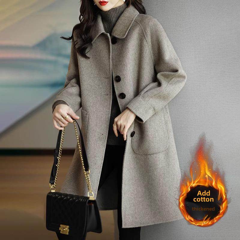 毛呢外套女秋冬加厚2025新款宽松中长款中年妈妈双面羊绒呢子大衣