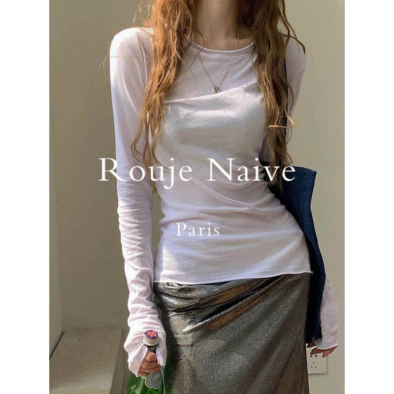 Rouje Naive韩系白色T恤女春秋季薄微透防晒罩衫修身打底内搭上衣