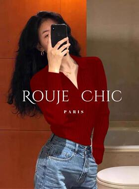 法国Rouje Chic法式高级感红色polo领针织衫女早春季修身打底毛衣