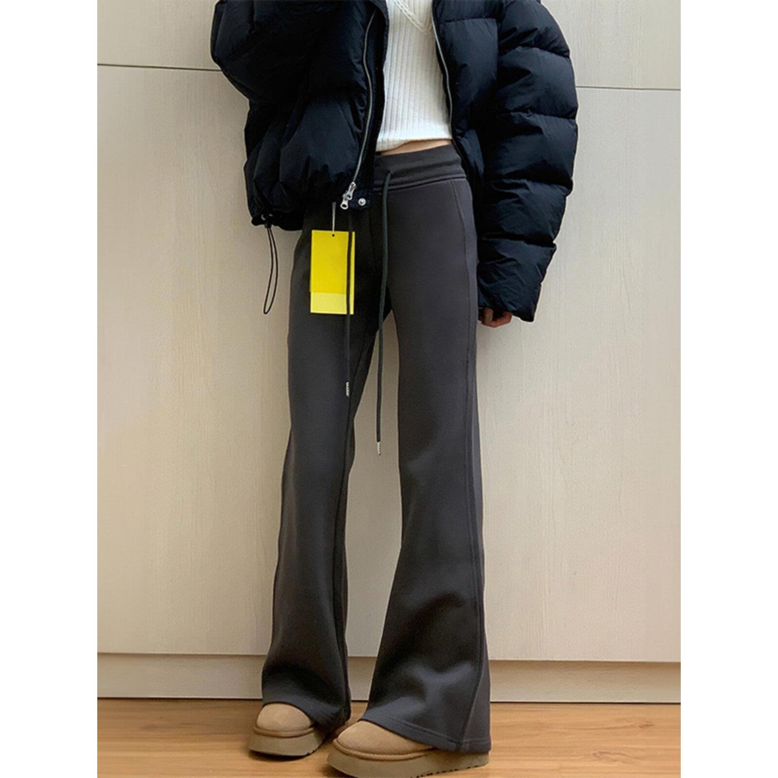 韩国深灰色微喇休闲裤女2025春秋新款胖妹妹mm高腰弹力运动卫裤潮