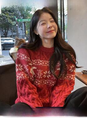 慵懒风新年圣诞红色羊毛麻花毛衣女秋冬加厚外穿氛围感羊绒针织衫