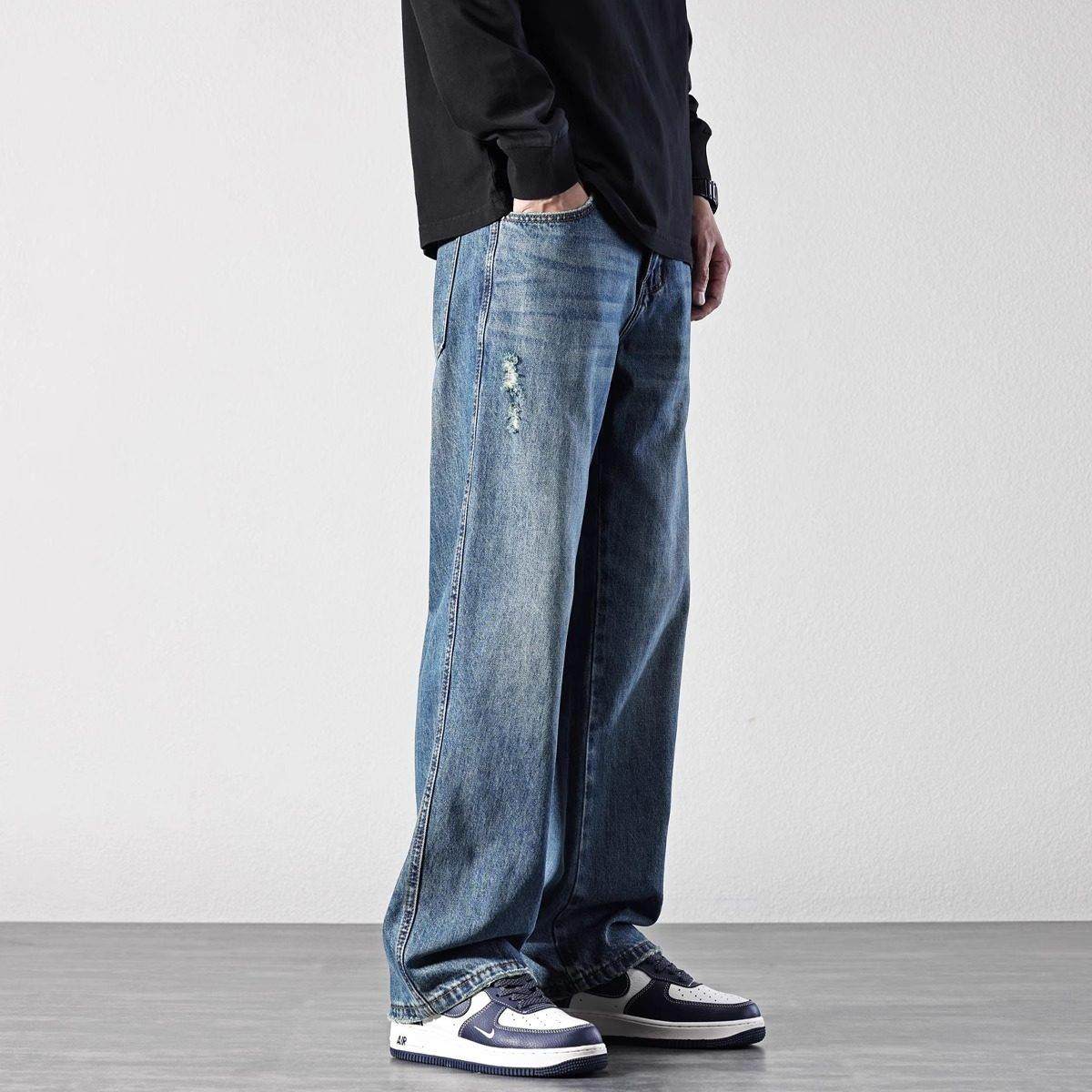 it Afternnaths潮牌！蓝色直筒牛仔裤男士宽松水洗刮破阔腿休闲裤,男装,秀禾服,淘宝优惠券,粉丝福利购,淘宝优惠卷