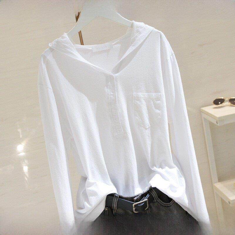 网红连帽t恤女白色长袖ins超火2025春秋宽松显瘦棉质设计感上衣潮