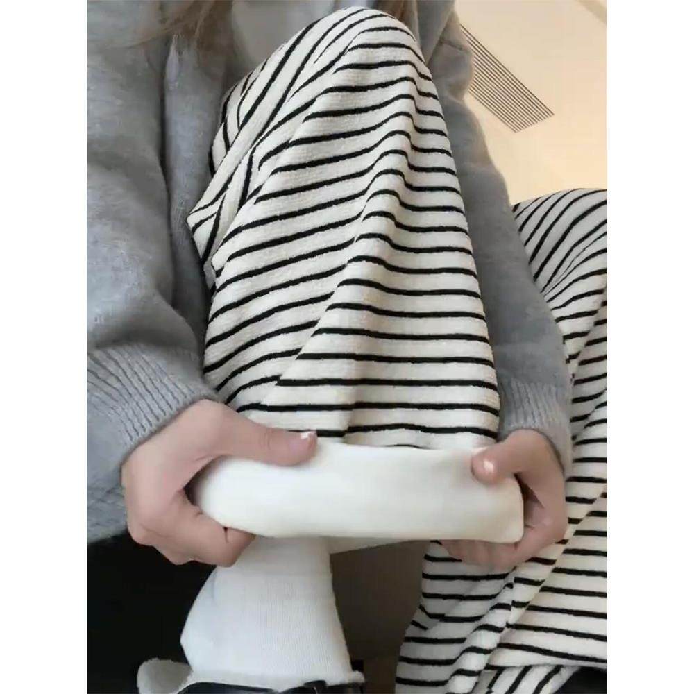 韩国加绒针织阔腿裤女春秋2025新款高腰垂感休闲黑白慵懒条纹裤冬