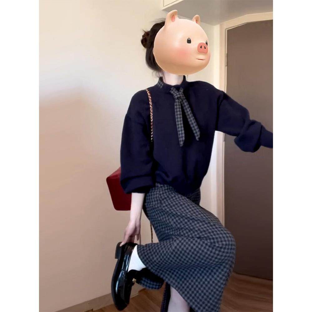 英国nextroad联名小香风高级感针织毛衣女春秋格子半身裙时尚套装