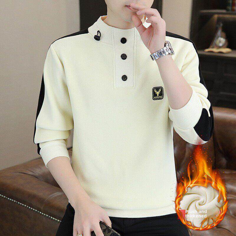 秋冬新款半高领卫衣男潮流休闲宽松长袖T恤加厚保暖奥粒绒打底衫