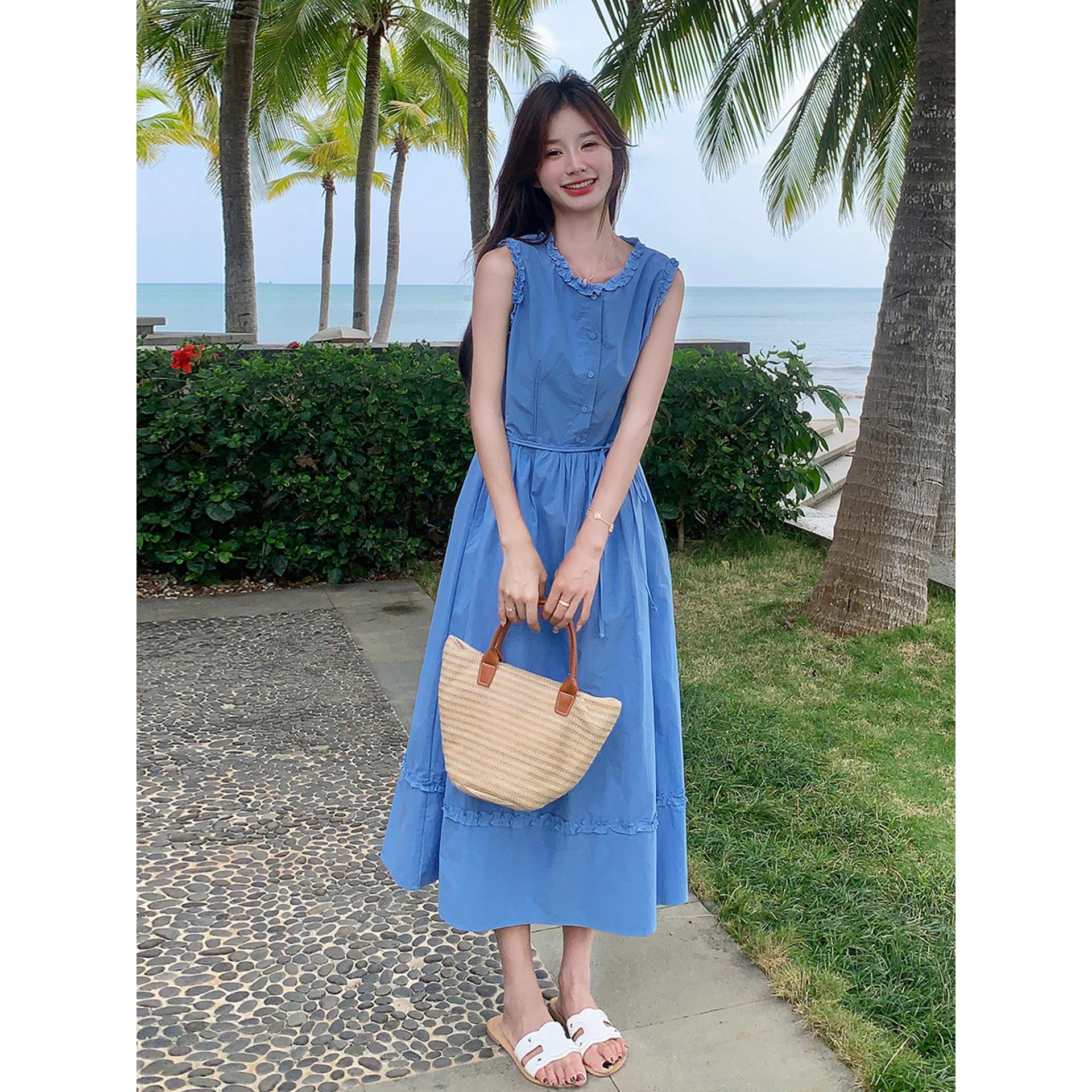 蓝色气质无袖木耳边长裙夏季新款温柔风显瘦减龄桔梗a字连衣裙女