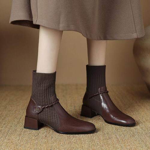 意大利raaente ~真皮短靴，中跟针织弹力短袜靴，方头厚跟，修身