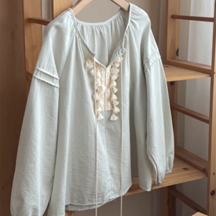 女韩系温柔抽绳衬衫 衬衫 民族风花边系带长袖 3.20 小四专享