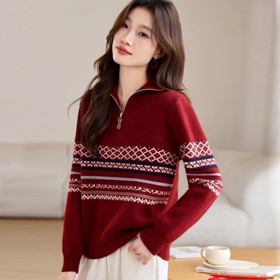 【小四专享】费尔岛风~氛围感半拉链提花针织毛衣女1.25,女装/女士精品,旗袍,淘宝优惠券,粉丝福利购,淘宝优惠卷