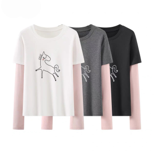 撞色拼接减龄上衣 卡通小马印花T恤女 假2件 3.4 小四专享