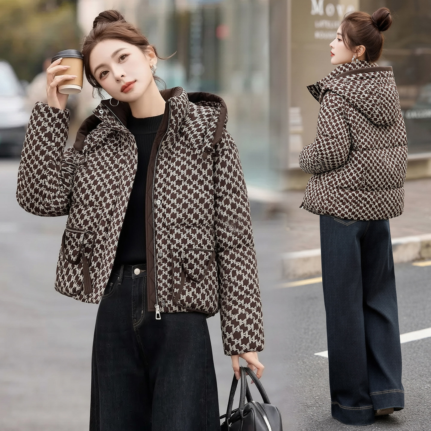 ERAL艾莱依千鸟格连帽羽绒服女短款韩版洋气减龄加厚保暖外套小个