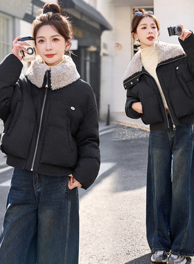 ERAL艾莱依短款羽绒服女羊羔毛大翻领加厚保暖时尚洋气小个子外套