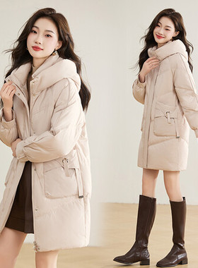 ERAL艾莱依中长款羽绒服女2025新款冬季连帽宽松加厚保暖宽松外套