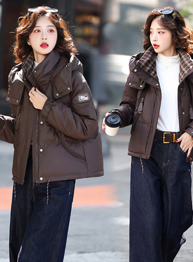 ERAL艾莱依短款PU皮拼接羽绒服女2025冬季新款白鸭绒面包服外套