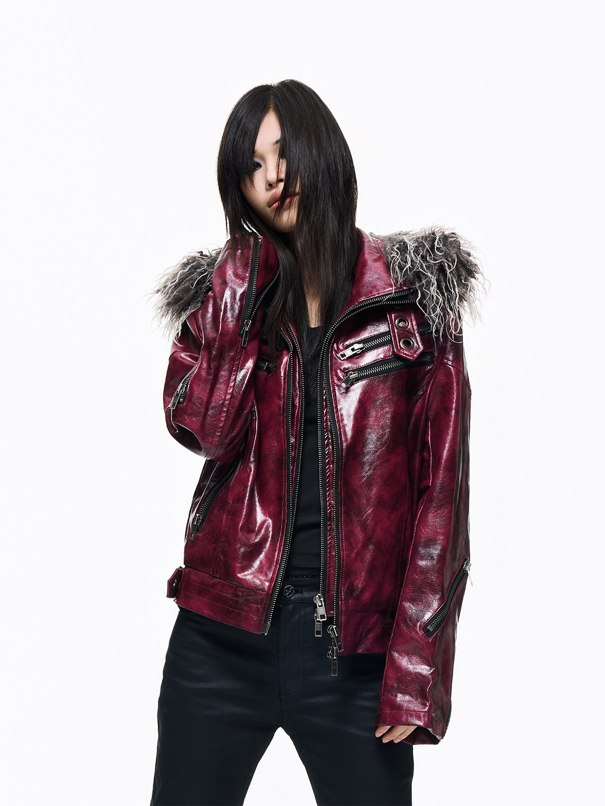 thumbnail for Lightinus* Weeping Blade Detachable Fur Collar Jacket YKK Zip Front Shoulder Slim Fit Leather Jacket