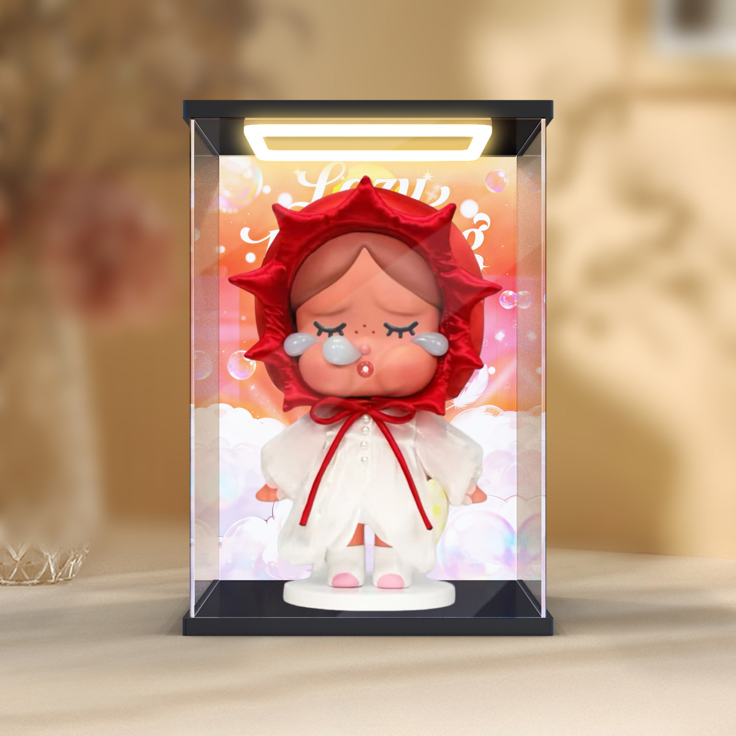 古薇媞适用泡泡玛特CRYBABY晨曦懒懒400%大娃公仔高清灯光展示盒