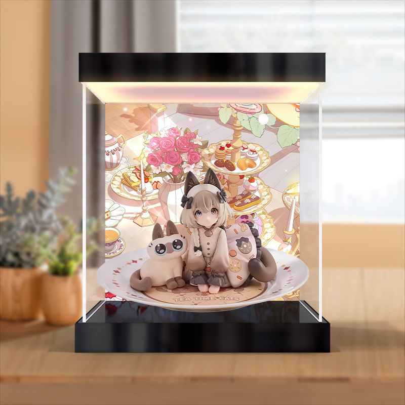 亚克力灯箱款防尘展示盒适用茶会猫x遲罗猫小豆泥 遲罗猫款手办