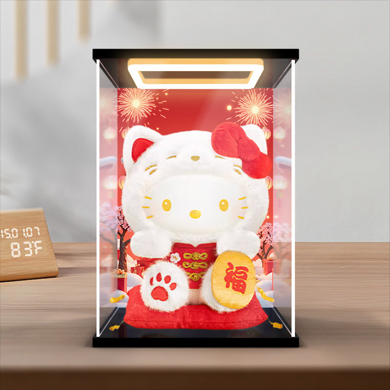 古薇媞适用 HelloKitty招财猫搪胶毛绒公仔凯蒂猫灯光防尘展示盒